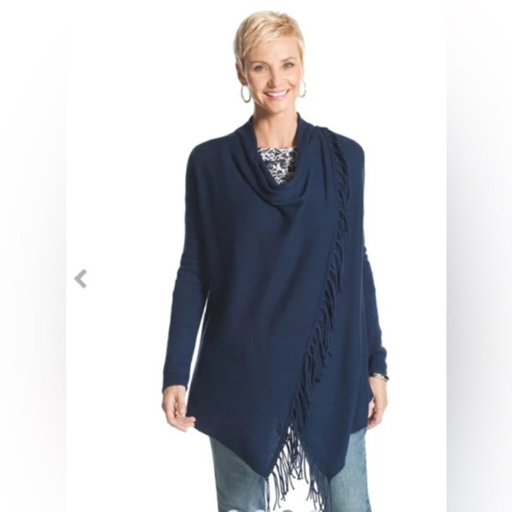 Chico's Blue Cowl‎ Neck Fringe Trim Asymmetric Hem Sweater Size 0 Long Sleeve